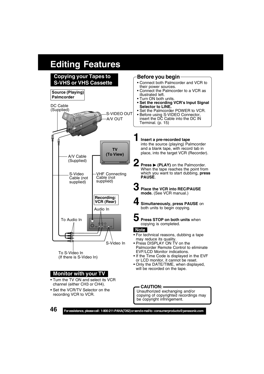 Panasonic PV-DV702 operating instructions Copying your Tapes to S-VHS or VHS Cassette, Monitor with your TV, Pause 