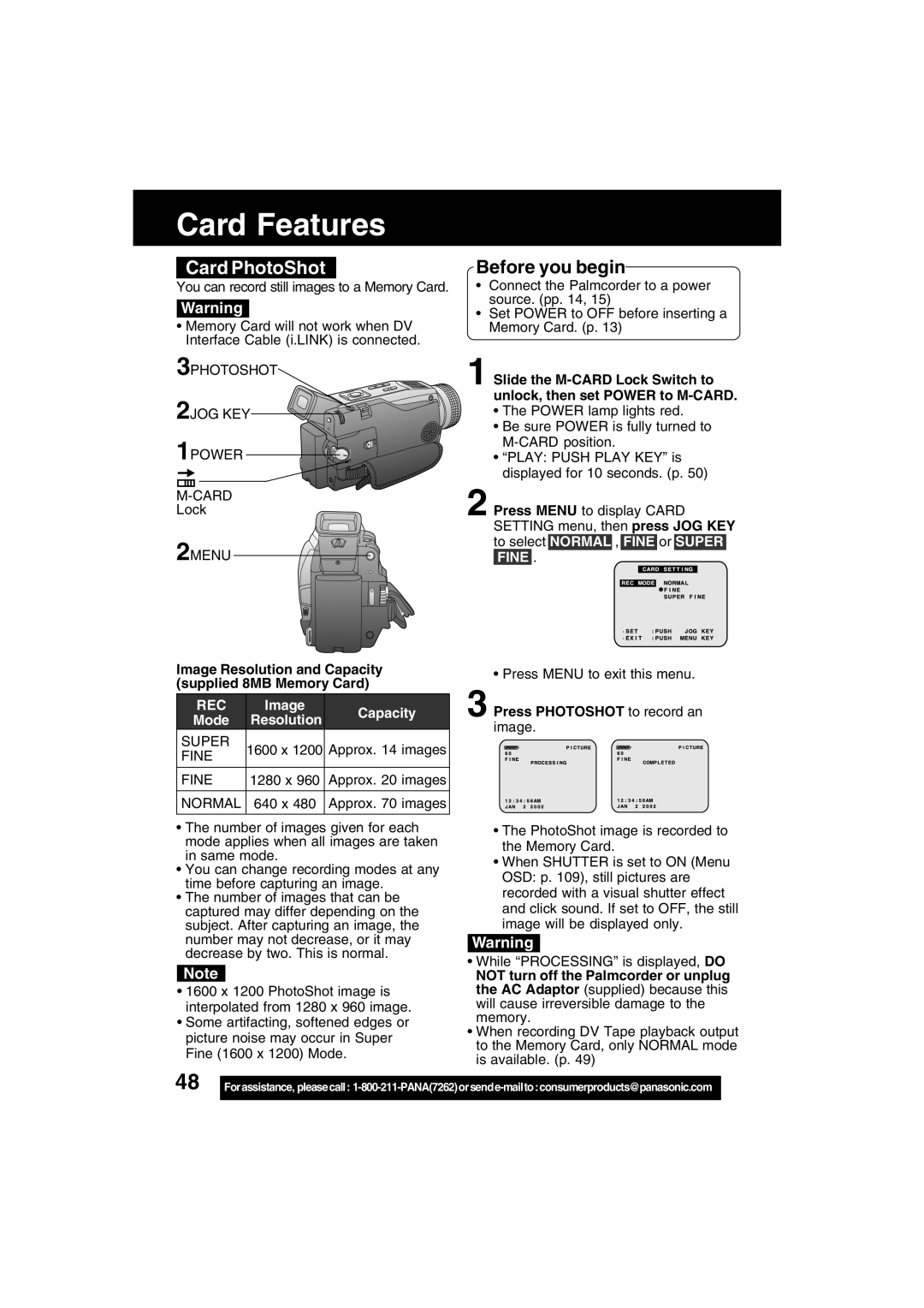 Panasonic PV-DV702 Card Features, Card PhotoShot, Image Resolution and Capacity supplied 8MB Memory Card 