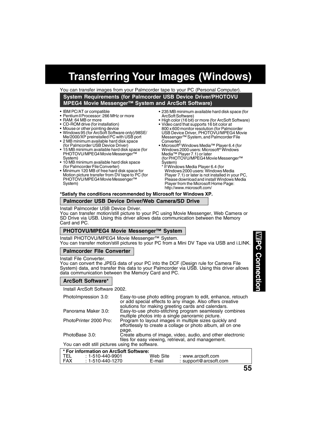 Panasonic PV-DV702 Transferring Your Images Windows, Palmcorder USB Device Driver/Web Camera/SD Drive, ArcSoft Software 