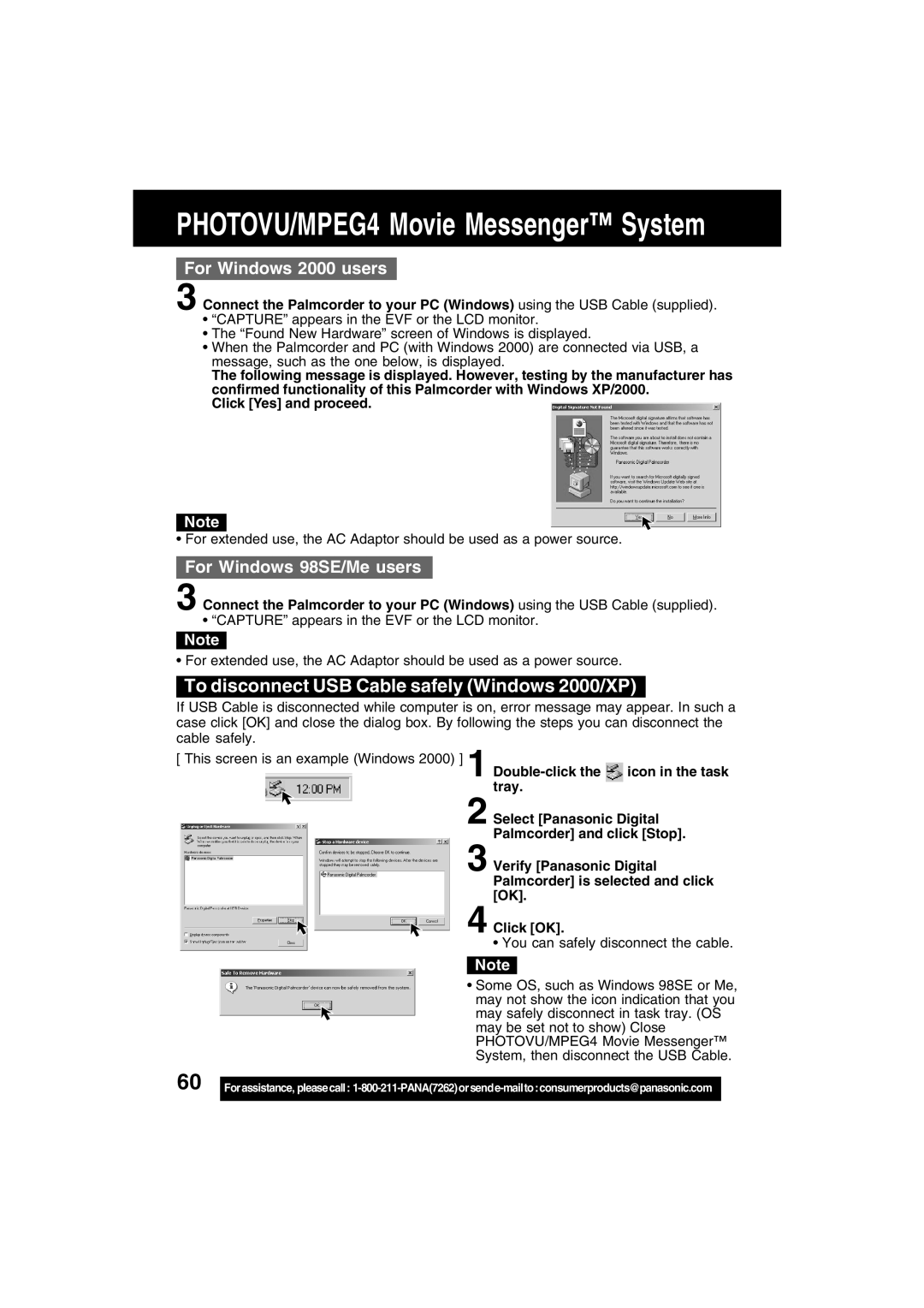 Panasonic PV-DV702 PHOTOVU/MPEG4 Movie Messenger System, To disconnect USB Cable safely Windows 2000/XP 