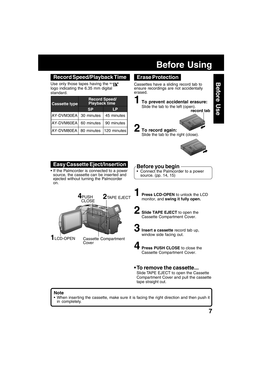 Panasonic PV-DV702 Record Speed/Playback Time, Easy Cassette Eject/Insertion, Erase Protection, Before you begin 