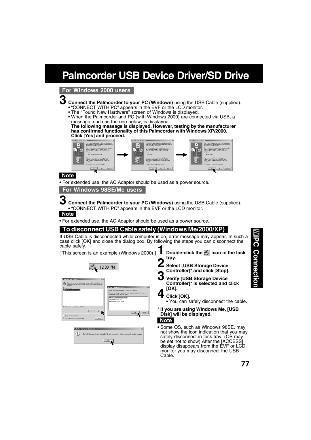 Panasonic PV-DV702 operating instructions To disconnect USB Cable safely Windows Me/2000/XP 