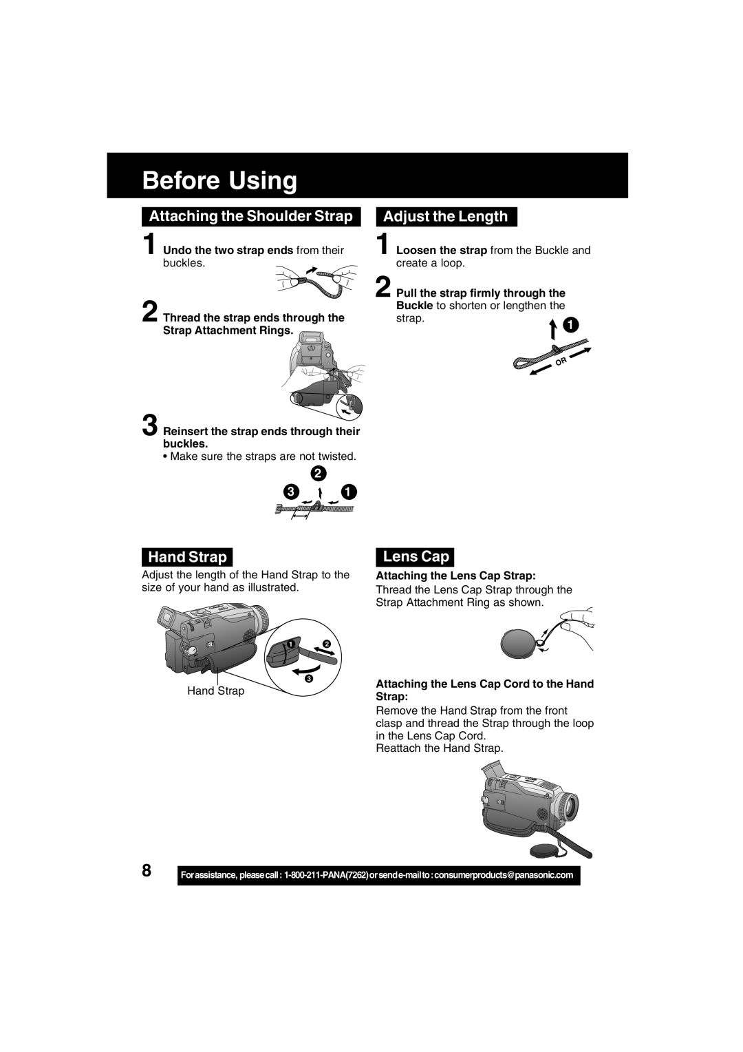 Panasonic PV-DV702 operating instructions Attaching the Shoulder Strap, Adjust the Length, Hand Strap, Lens Cap 