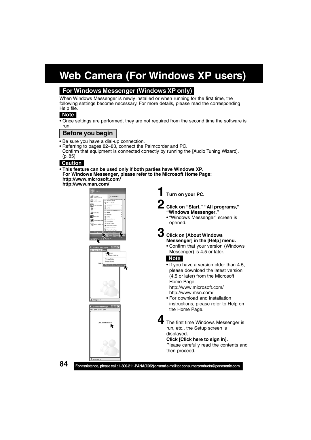 Panasonic PV-DV702 Web Camera For Windows XP users, For Windows Messenger Windows XP only, Click Click here to sign 