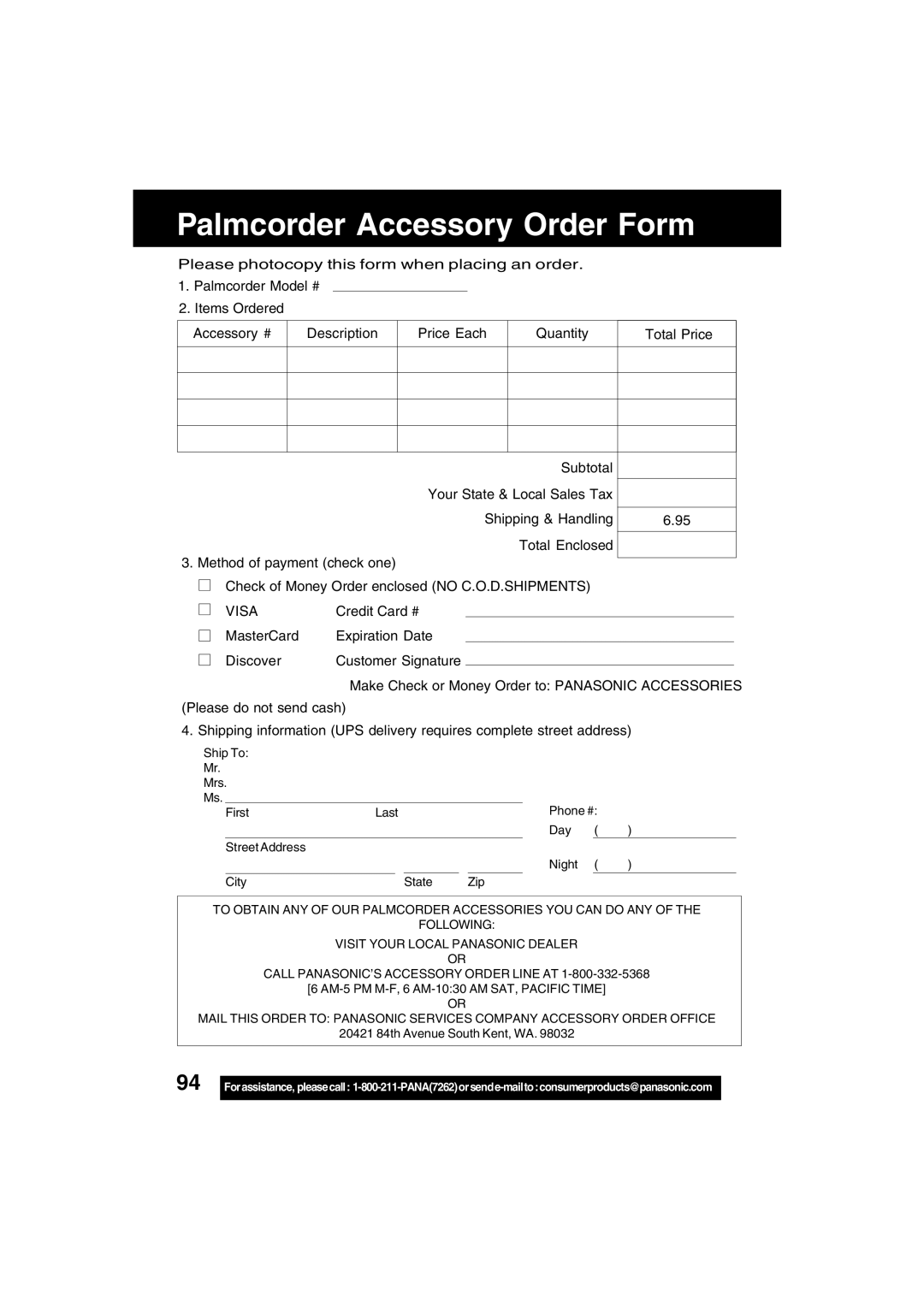 Panasonic PV-DV702 operating instructions Palmcorder Accessory Order Form, Visa 