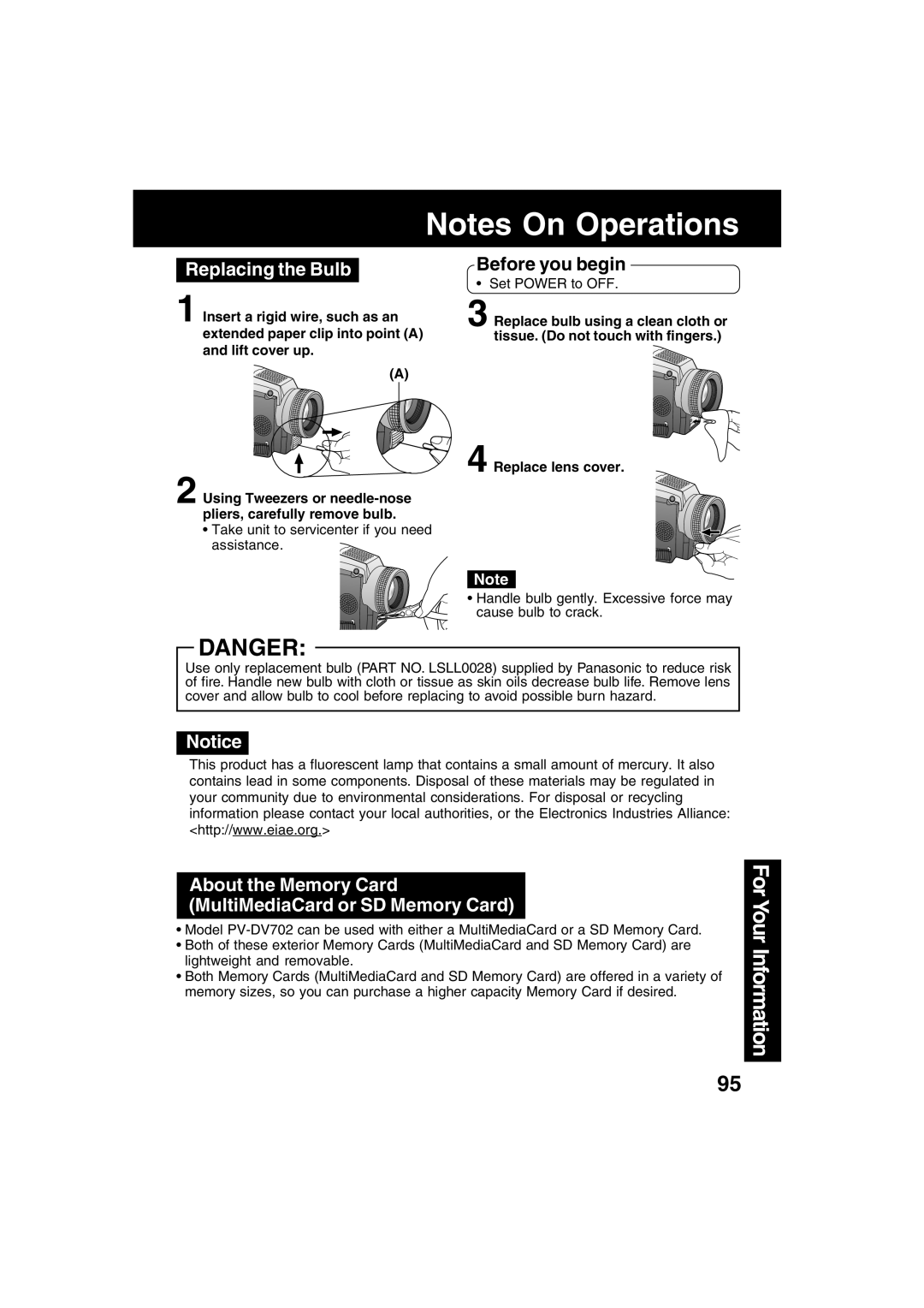 Panasonic PV-DV702 operating instructions Replacing the Bulb, About the Memory Card MultiMediaCard or SD Memory Card 