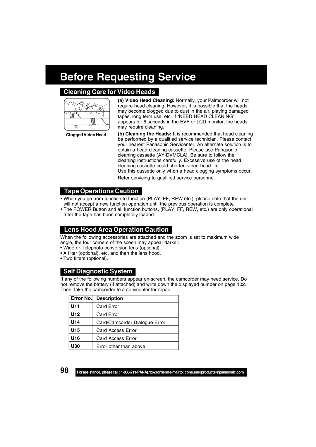 Panasonic PV-DV702 operating instructions Before Requesting Service, Cleaning Care for Video Heads, Tape Operations Caution 