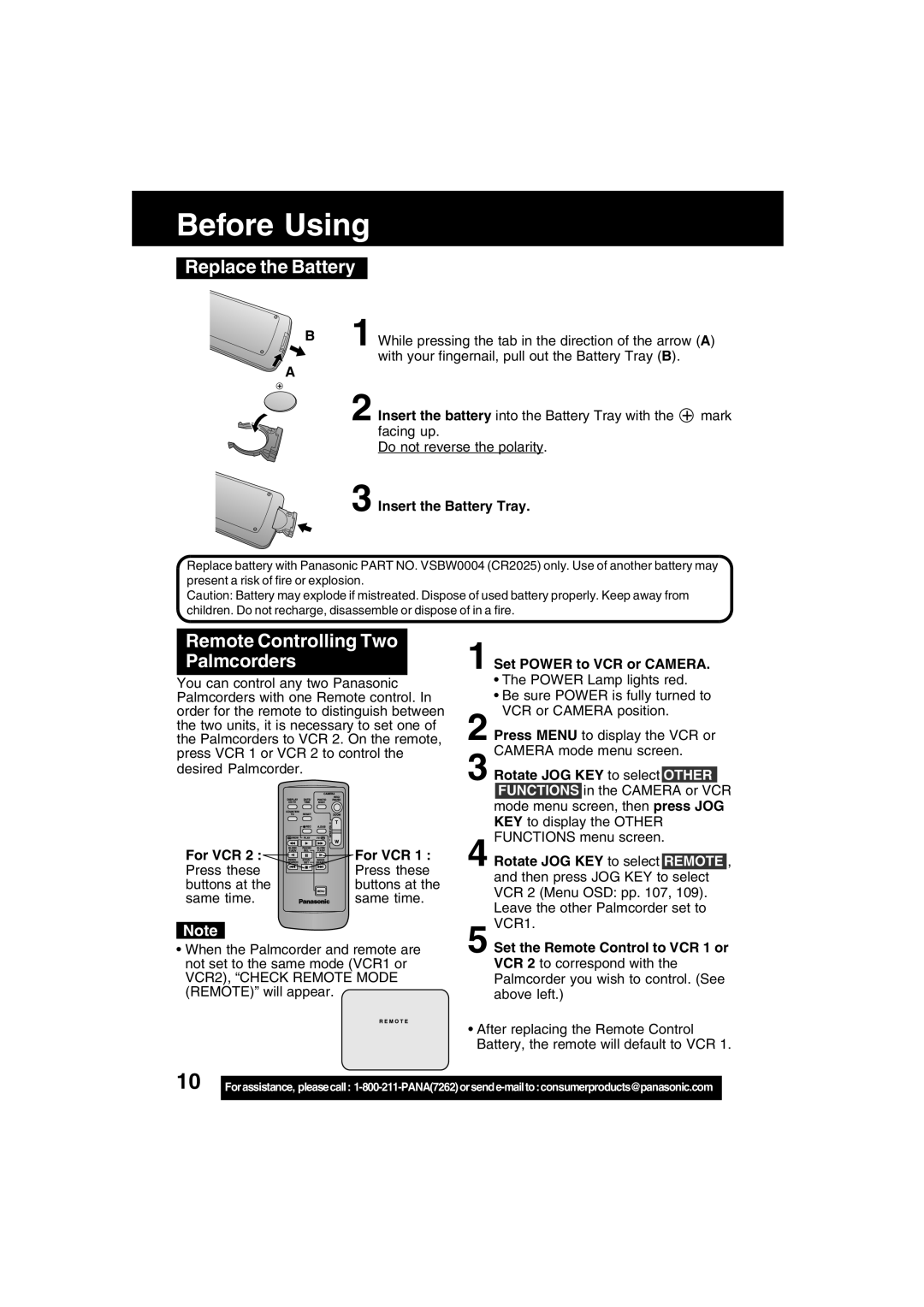 Panasonic PV-DV73 Replace the Battery, Remote Controlling Two Palmcorders, Insert the Battery Tray, For VCR 