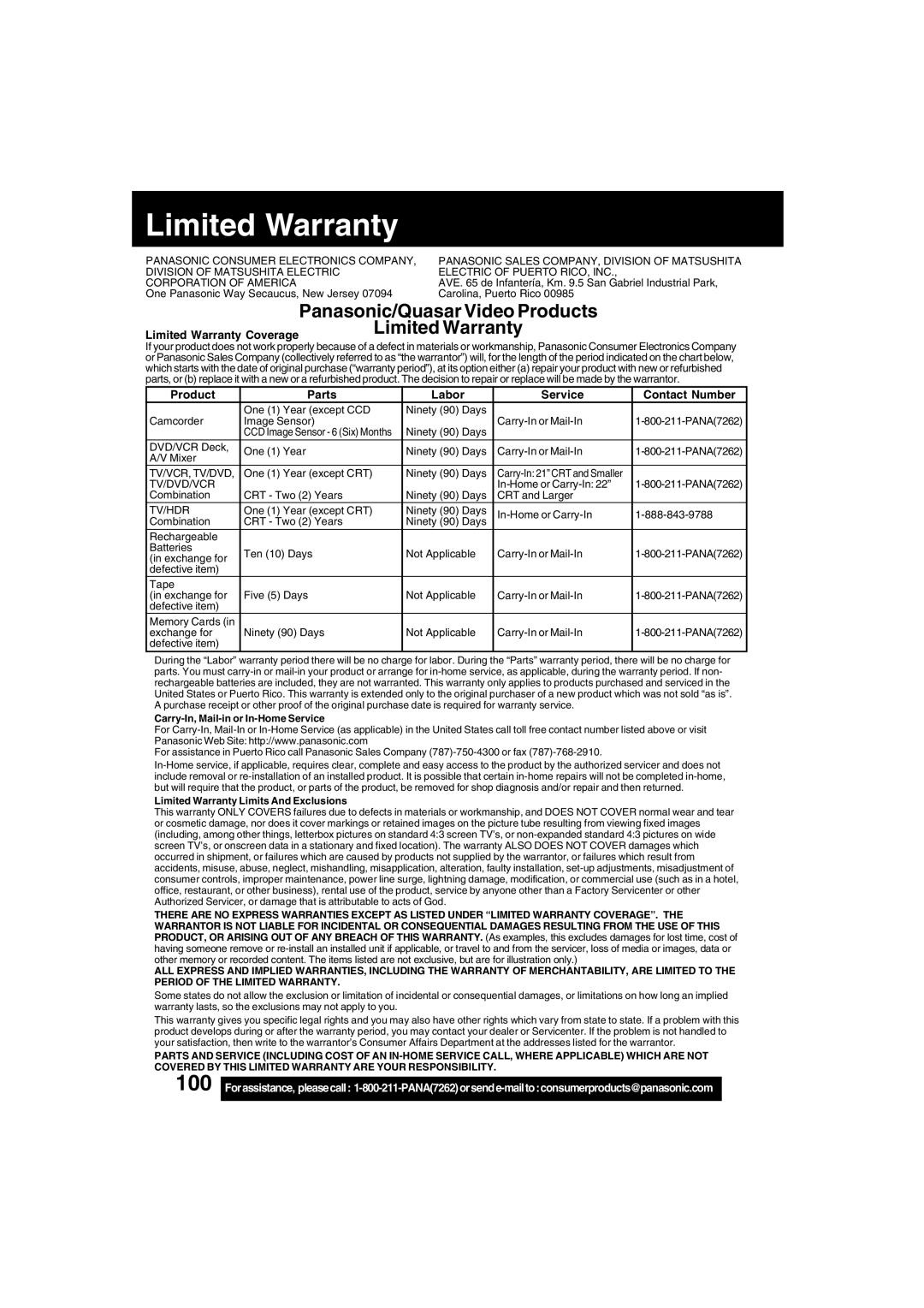 Panasonic PV-DV73 operating instructions Limited Warranty 