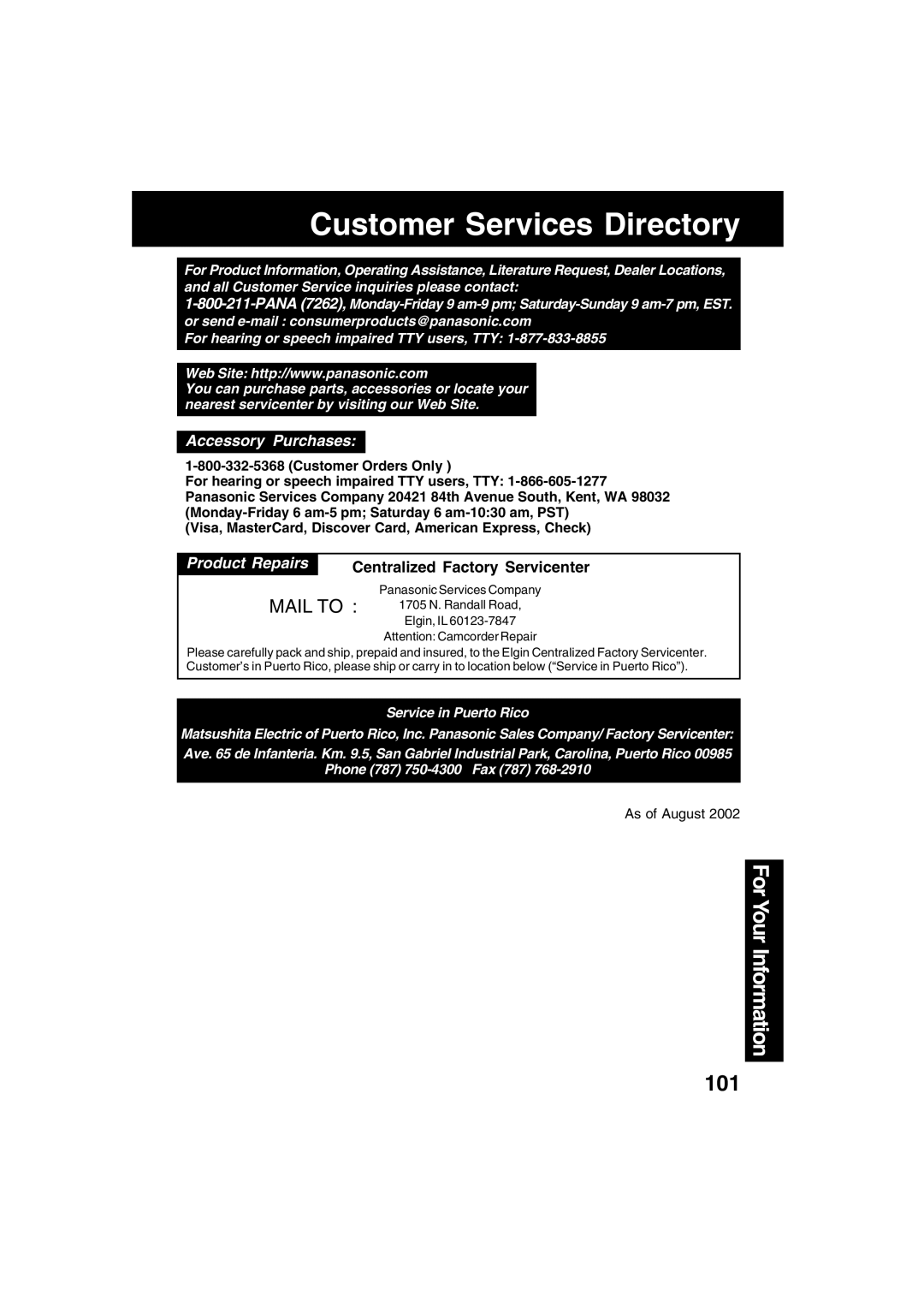 Panasonic PV-DV73 operating instructions Customer Services Directory, Accessory Purchases 