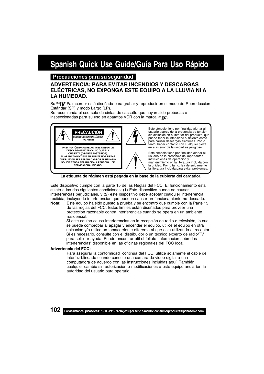 Panasonic PV-DV73 operating instructions Precauciones para su seguridad, Advertencia del FCC 