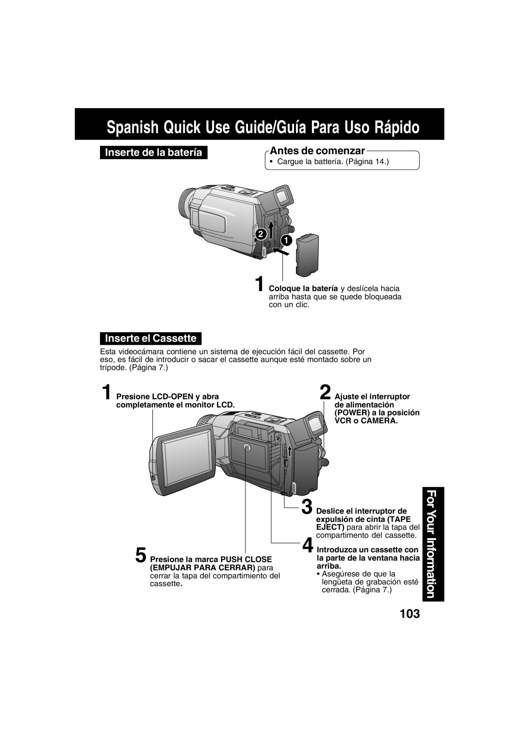 Panasonic PV-DV73 operating instructions Inserte de la batería, Antes de comenzar, Inserte el Cassette 