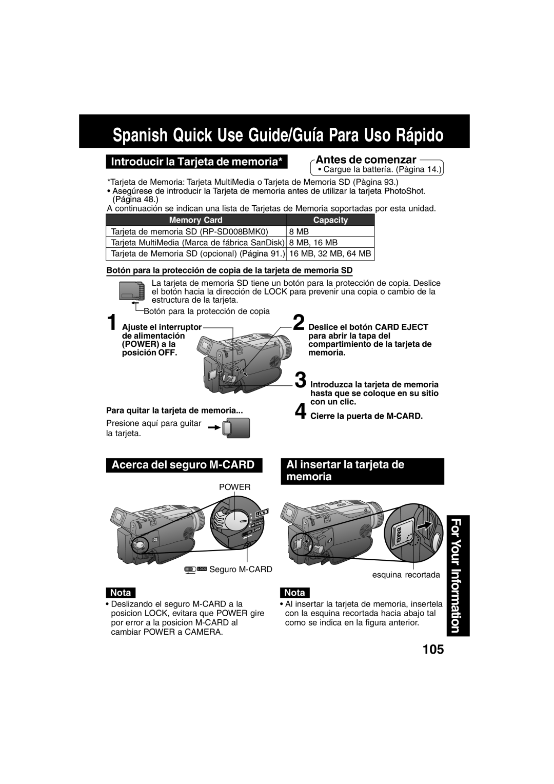 Panasonic PV-DV73 Introducir la Tarjeta de memoria, Acerca del seguro M-CARD, Al insertar la tarjeta de memoria 