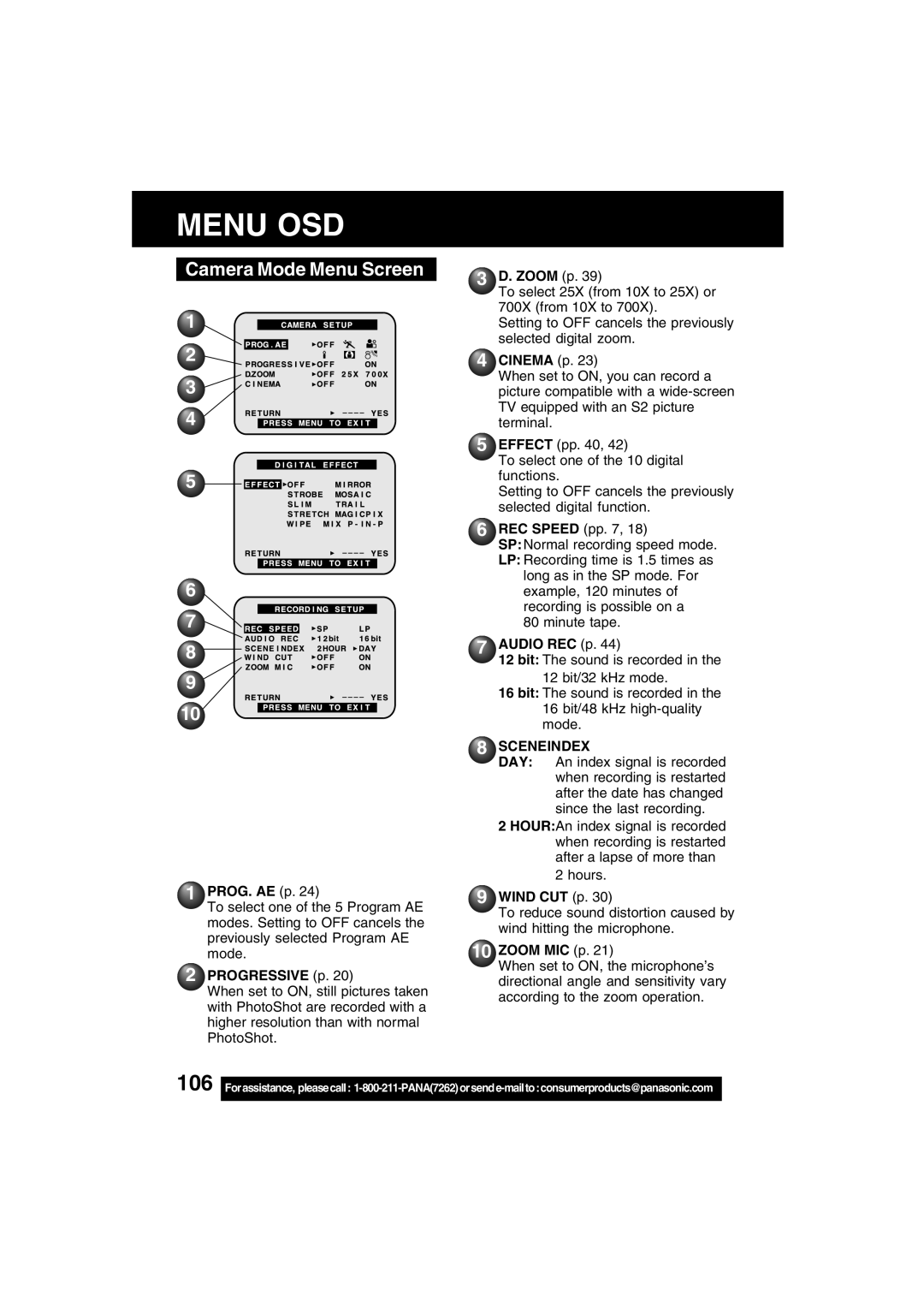 Panasonic PV-DV73 operating instructions Camera Mode Menu Screen, Sceneindex 