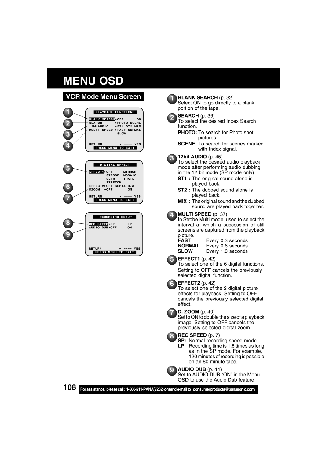 Panasonic PV-DV73 operating instructions VCR Mode Menu Screen 