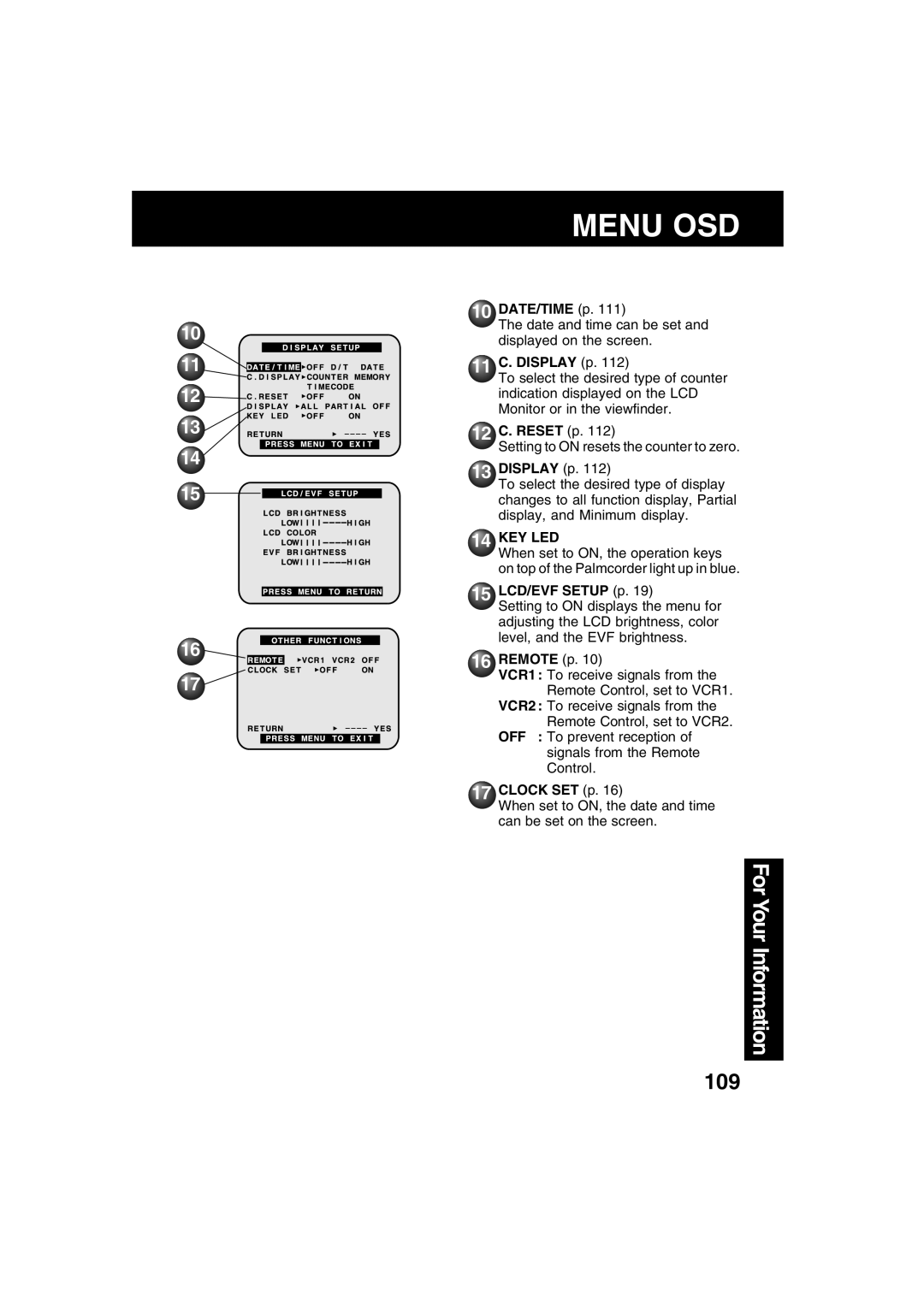 Panasonic PV-DV73 operating instructions 11 C. Display p, 12 C. Reset p, 15 LCD/EVF Setup p 