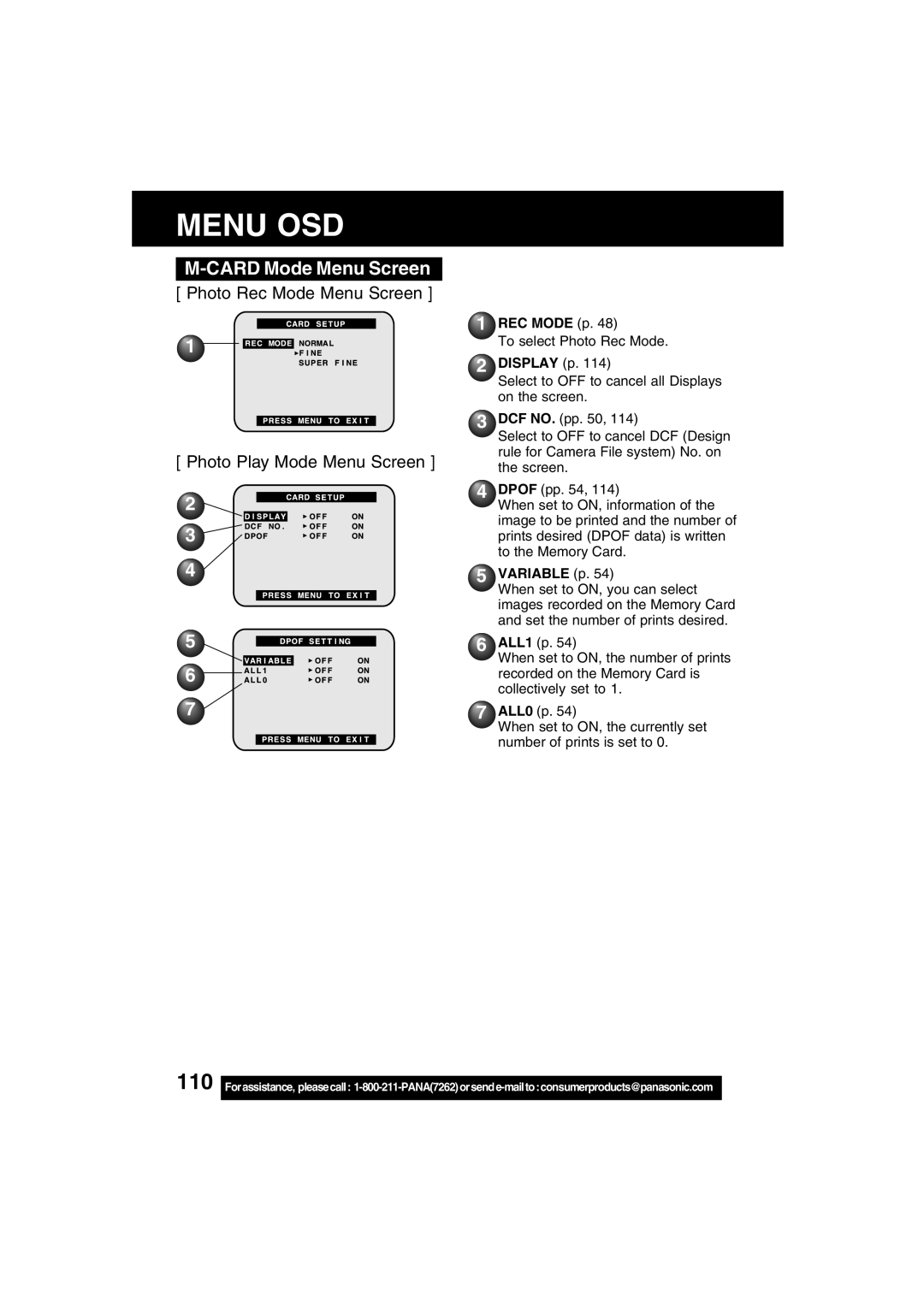 Panasonic PV-DV73 operating instructions Card Mode Menu Screen, REC Mode p, Variable p 