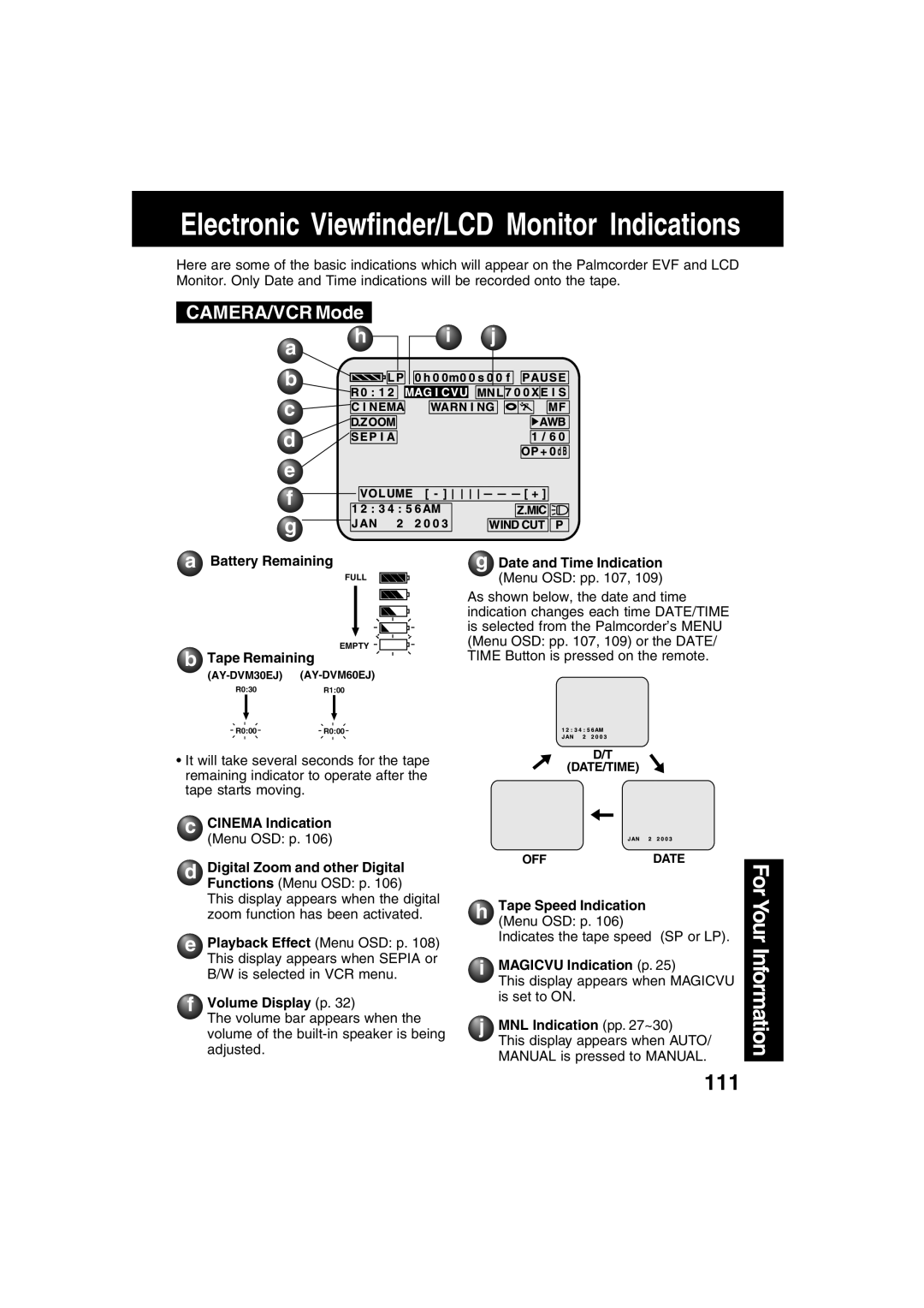 Panasonic PV-DV73 operating instructions CAMERA/VCR Mode 