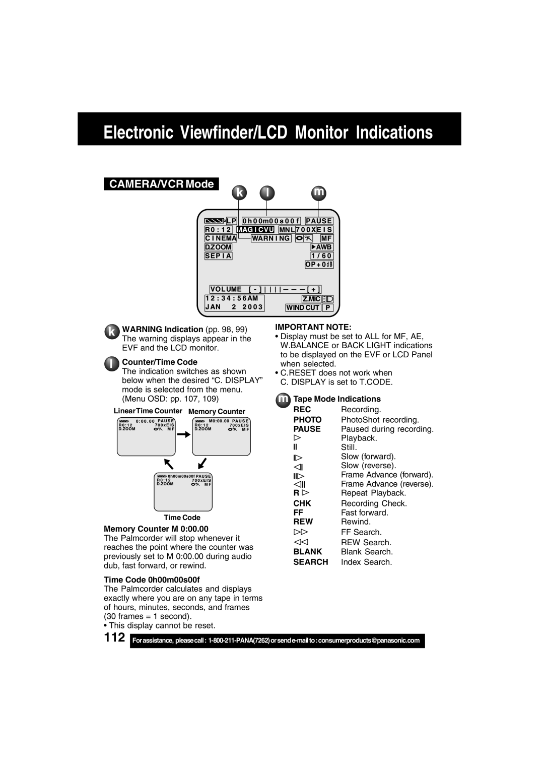 Panasonic PV-DV73 operating instructions Important Note, Rec, Photo, Chk 