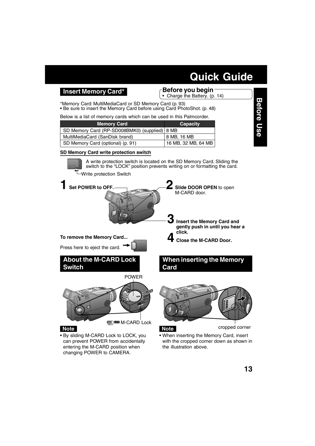 Panasonic PV-DV73 operating instructions Insert Memory Card, About the M-CARD Lock Switch, When inserting the Memory Card 