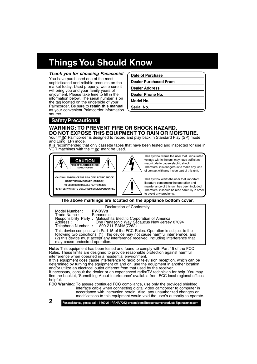 Panasonic PV-DV73 Things You Should Know, Safety Precautions, Above markings are located on the appliance bottom cover 