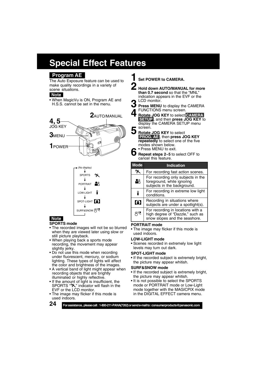 Panasonic PV-DV73 operating instructions Program AE 