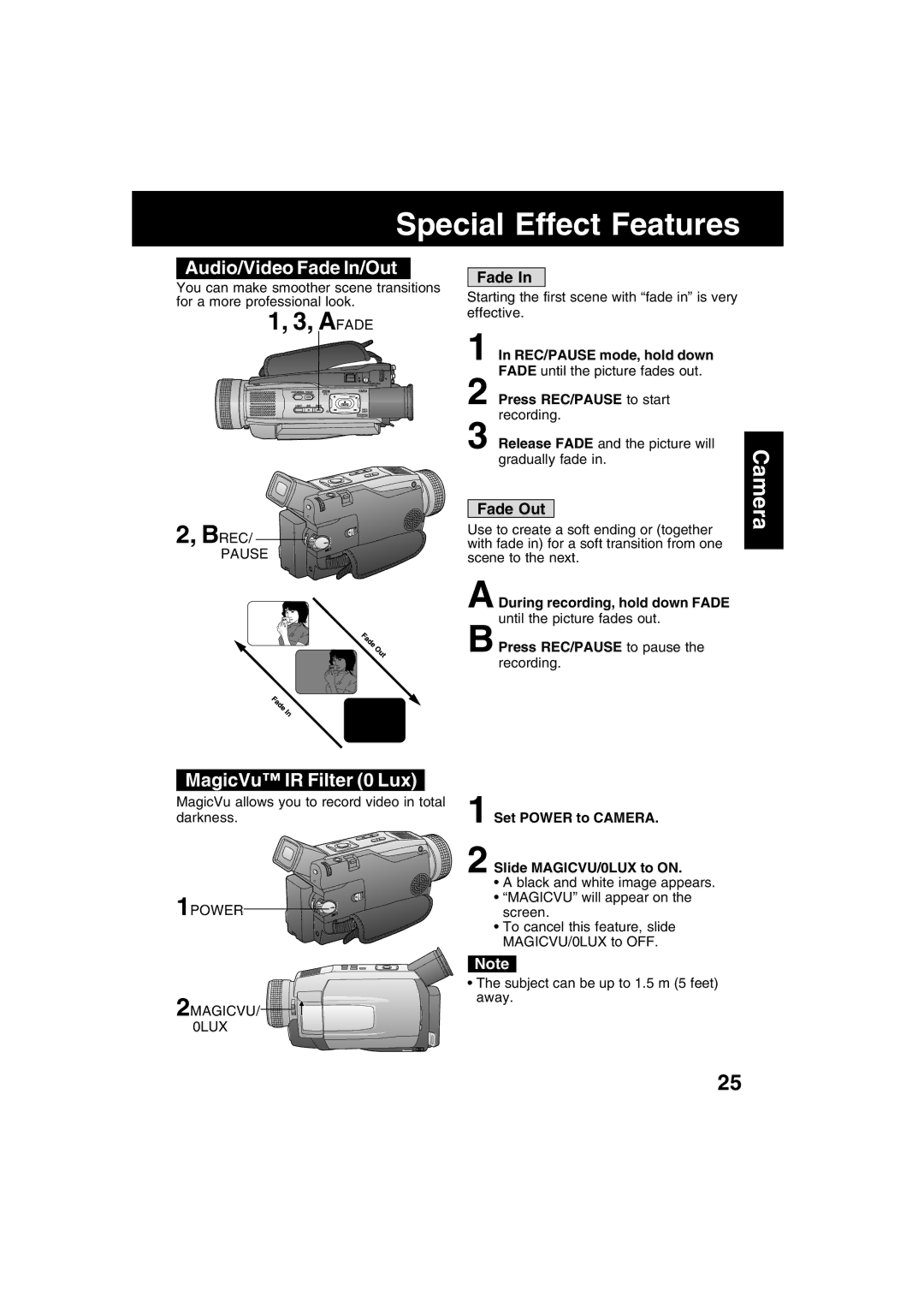 Panasonic PV-DV73 Audio/Video Fade In/Out, MagicVu IR Filter 0 Lux, Fade Out, Slide MAGICVU/0LUX to on 