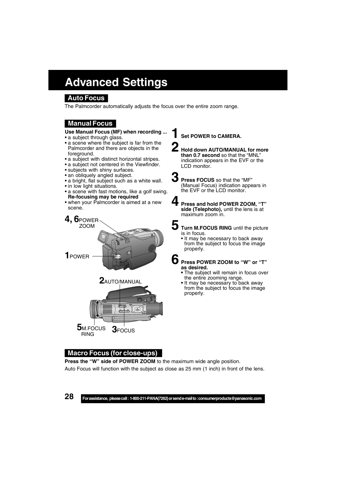 Panasonic PV-DV73 operating instructions Auto Focus, Manual Focus, Macro Focus for close-ups 