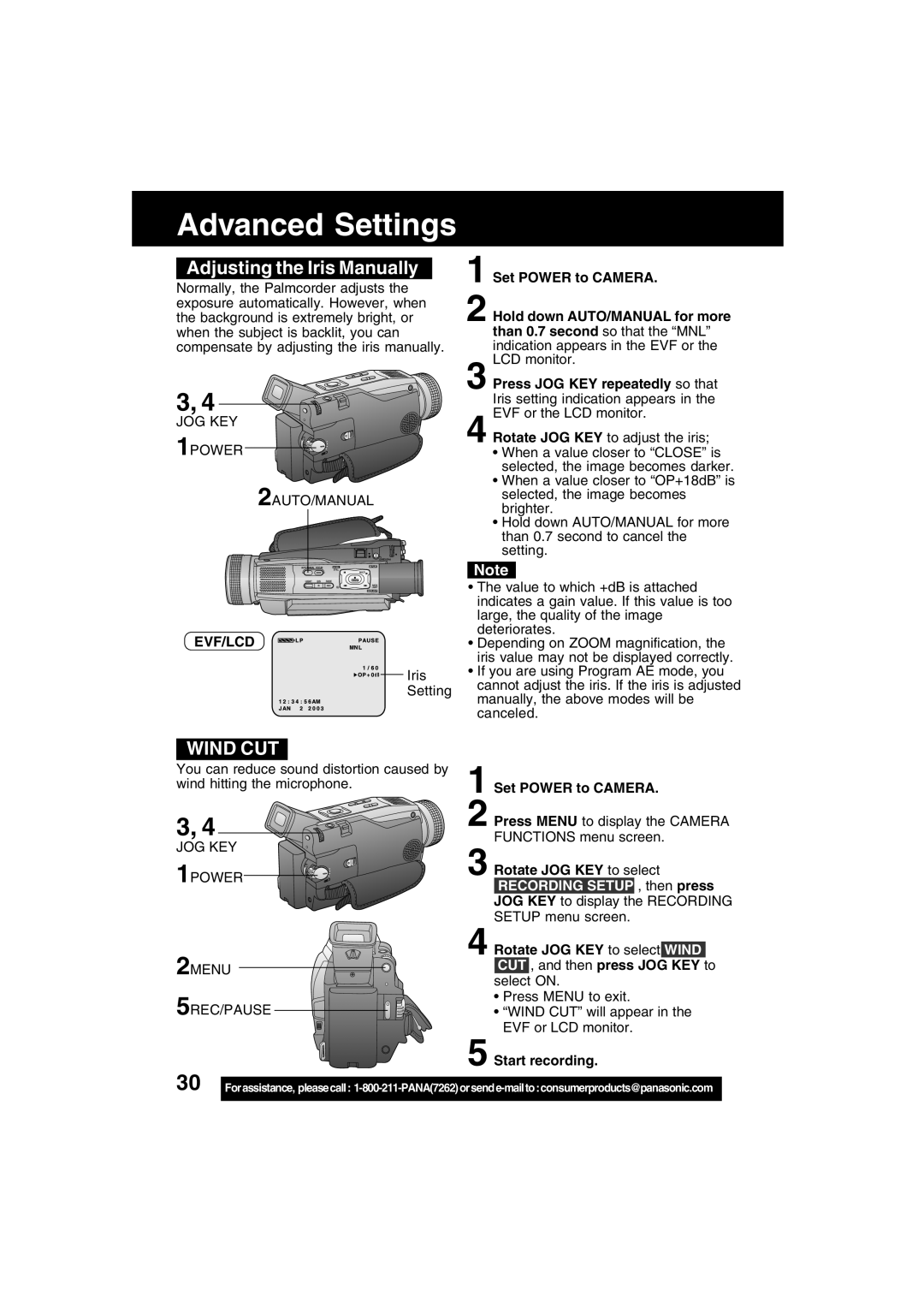 Panasonic PV-DV73 operating instructions Adjusting the Iris Manually, JOG KEY 1POWER 2MENU 5REC/PAUSE 