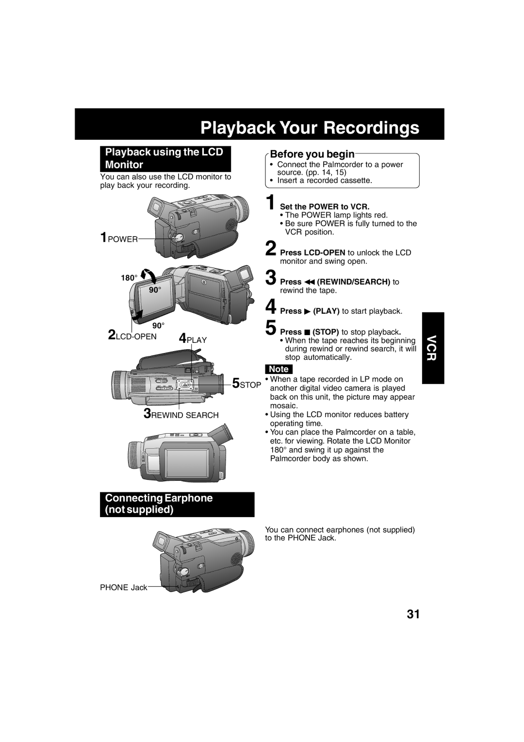 Panasonic PV-DV73 Playback Your Recordings, Playback using the LCD, Monitor, Connecting Earphone not supplied 