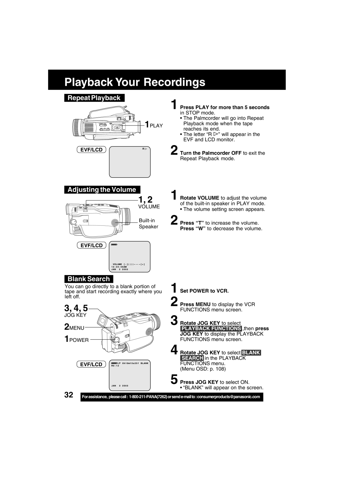 Panasonic PV-DV73 operating instructions Repeat Playback, Adjusting the Volume, Blank Search, Evf/Lcdr 