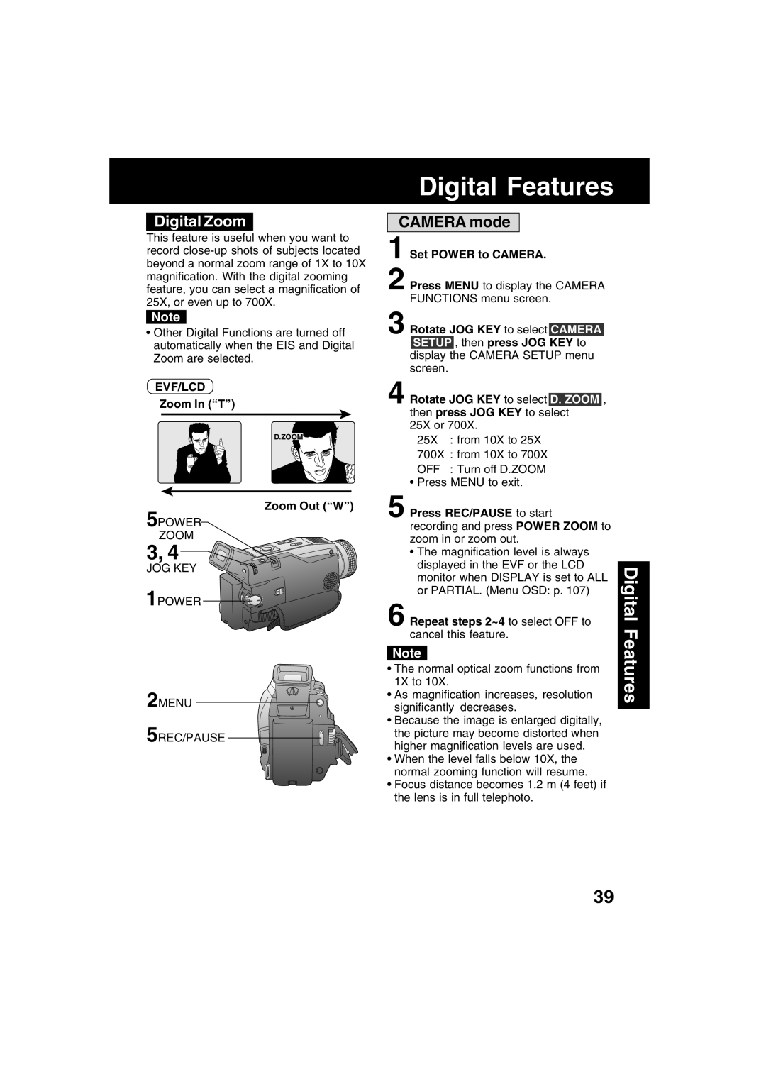 Panasonic PV-DV73 operating instructions Digital Features, Digital Zoom, Camera mode 