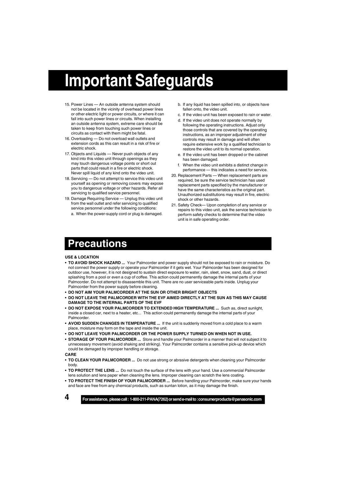 Panasonic PV-DV73 operating instructions Important Safeguards 