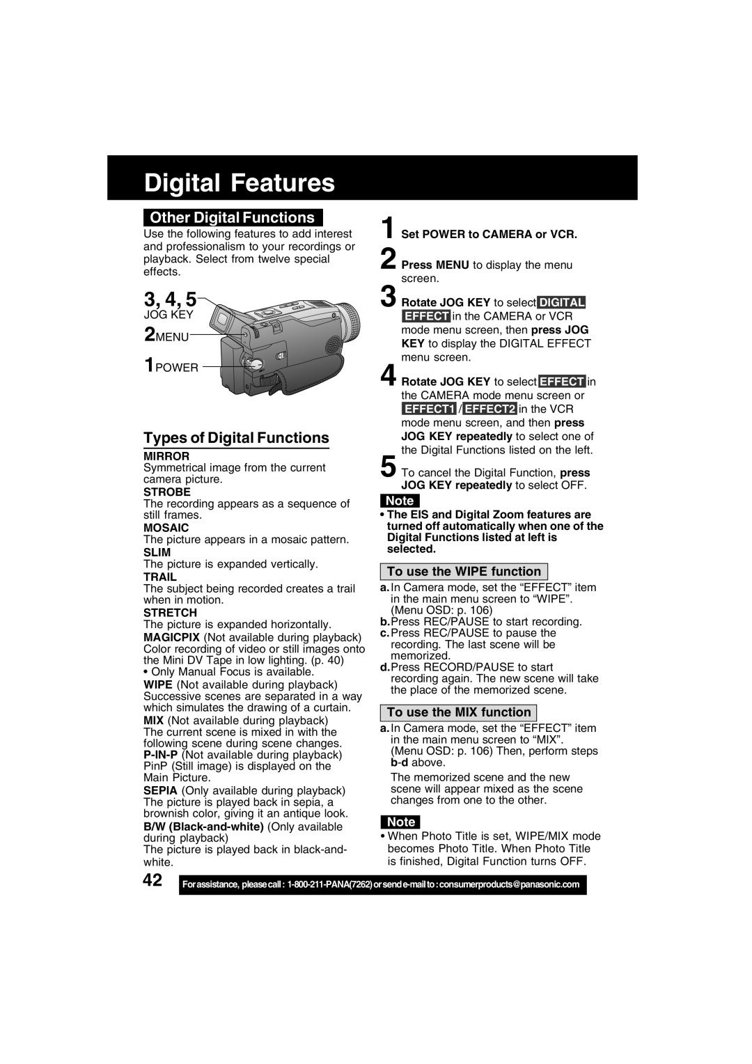 Panasonic PV-DV73 Other Digital Functions, Types of Digital Functions, To use the Wipe function, To use the MIX function 