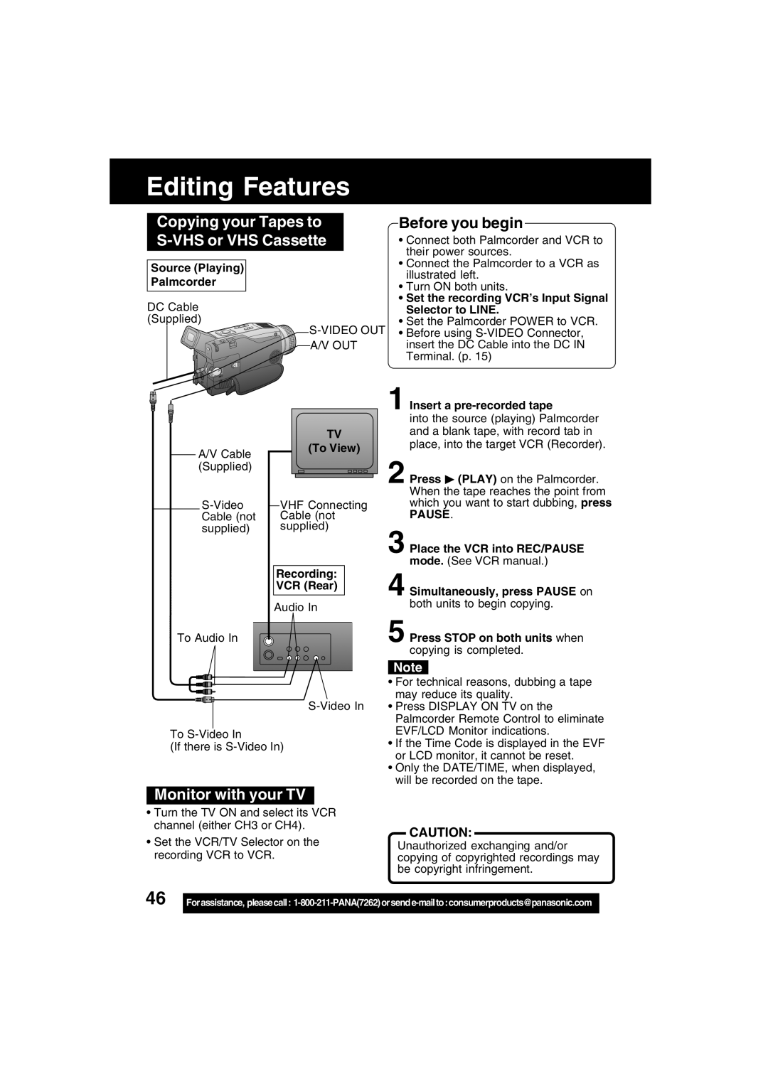 Panasonic PV-DV73 operating instructions Copying your Tapes to S-VHS or VHS Cassette, Monitor with your TV, Pause 