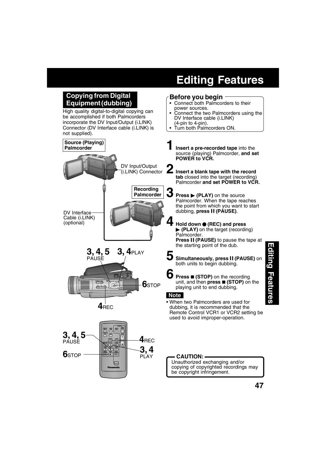 Panasonic PV-DV73 operating instructions Copying from Digital Equipment dubbing 