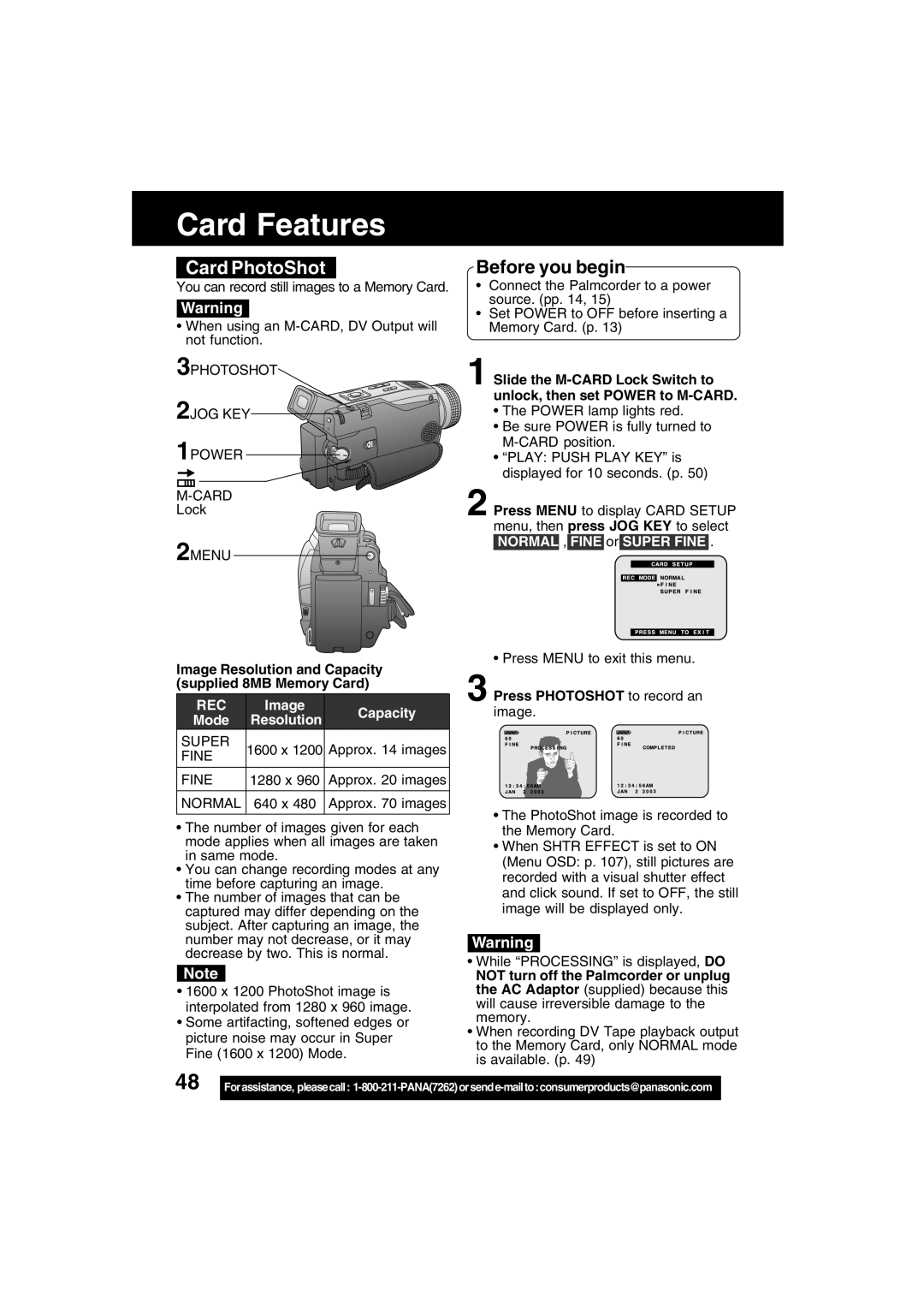 Panasonic PV-DV73 Card Features, Card PhotoShot, Image Resolution and Capacity supplied 8MB Memory Card 