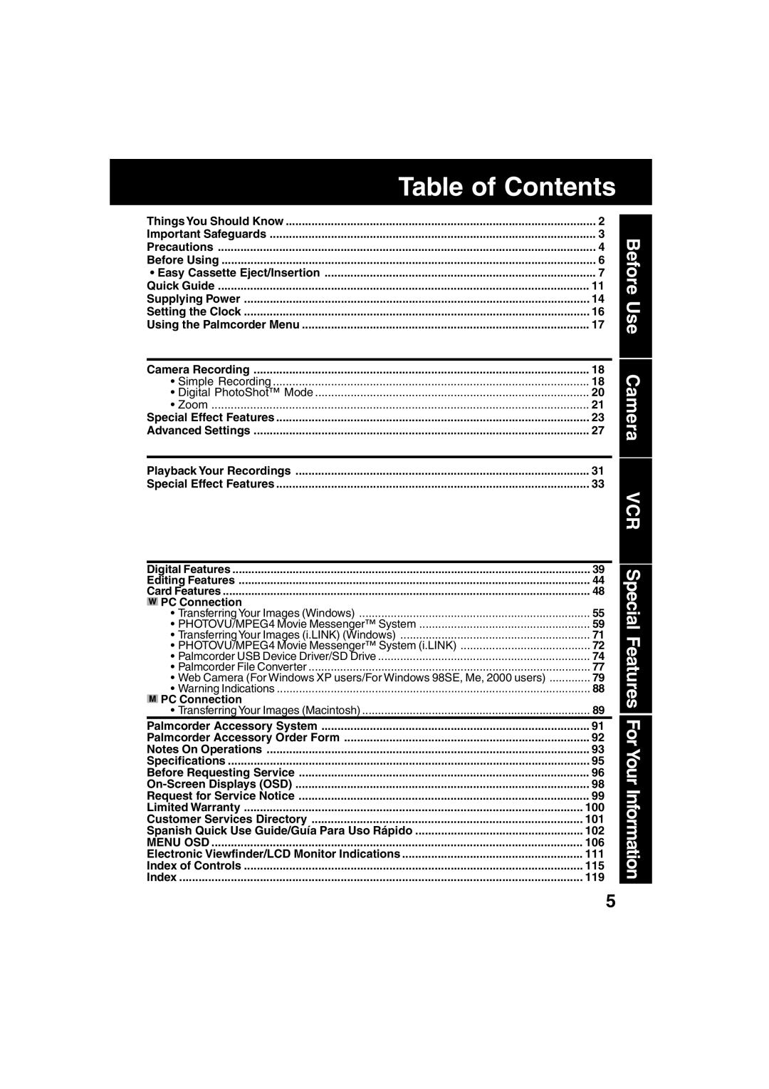 Panasonic PV-DV73 operating instructions Table of Contents 