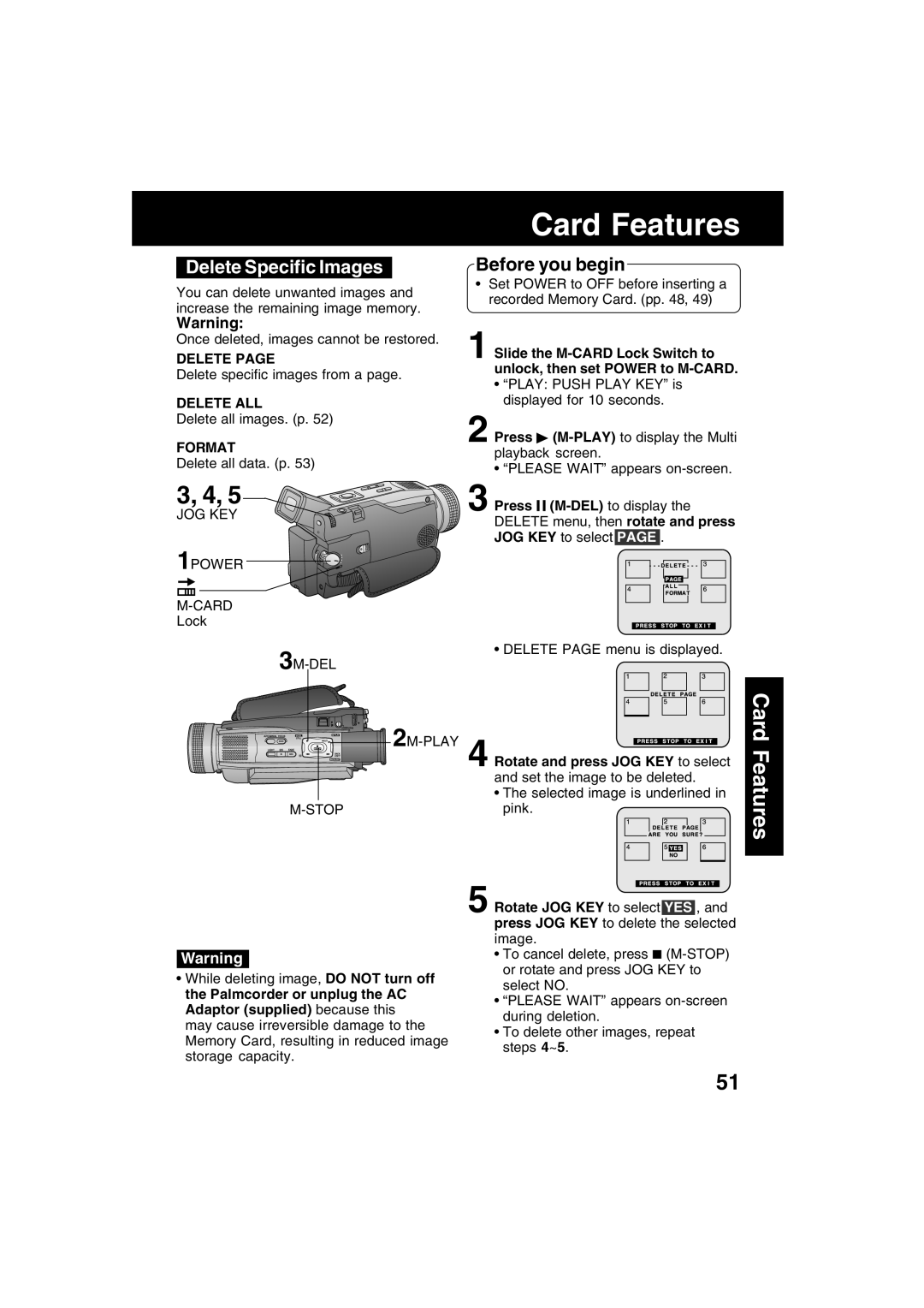 Panasonic PV-DV73 operating instructions Delete Specific Images, Delete ALL, Format 