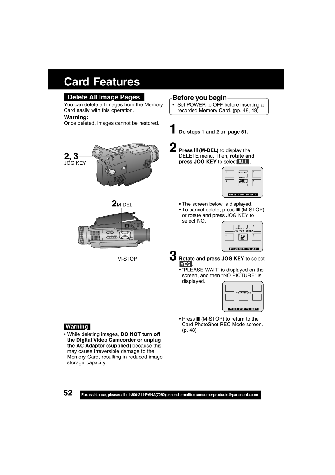 Panasonic PV-DV73 Delete All Image Pages, JOG KEY 2M-DEL Stop, Rotate and press JOG KEY to select YES 