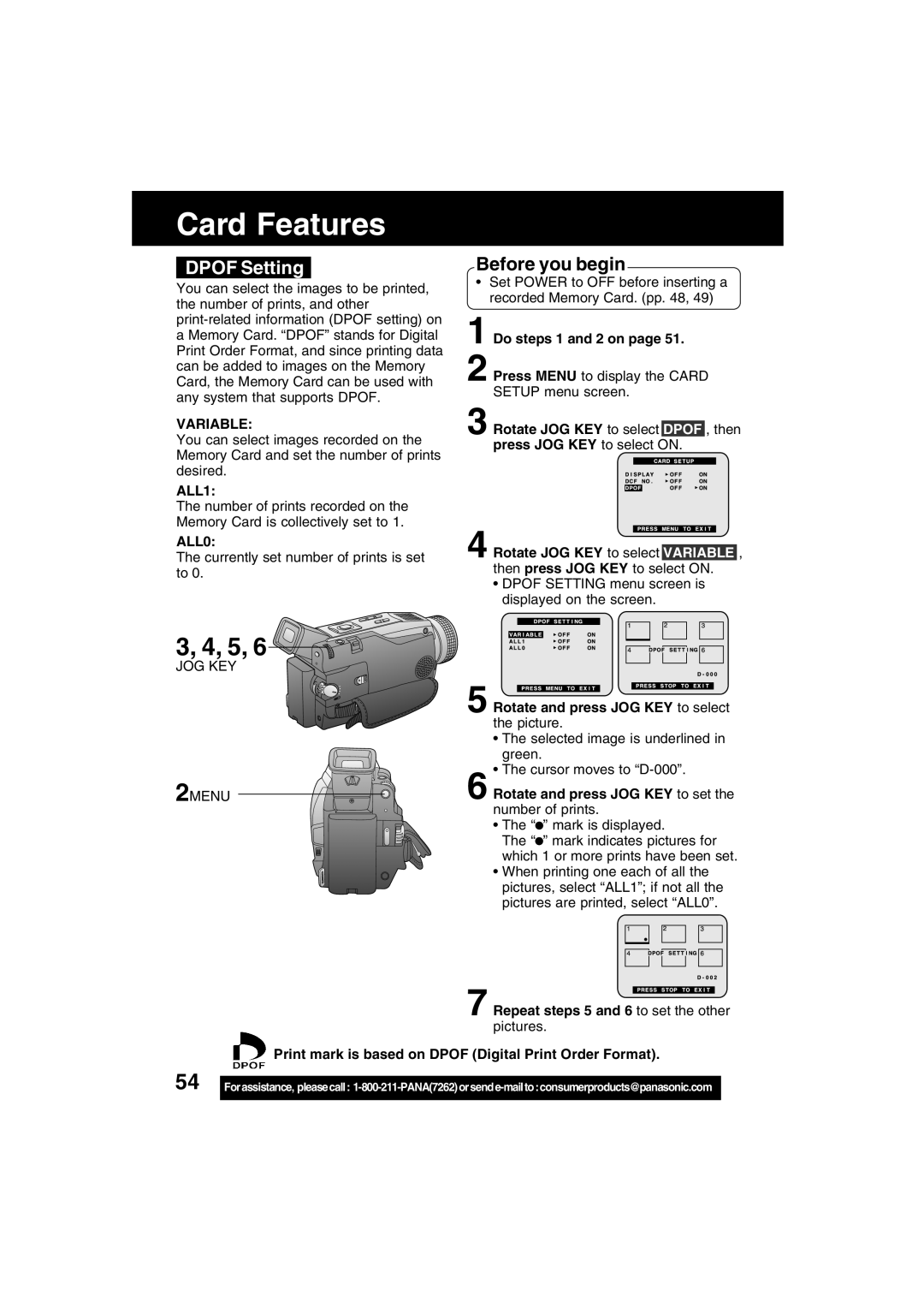 Panasonic PV-DV73 operating instructions Dpof Setting, Variable, ALL1, ALL0 