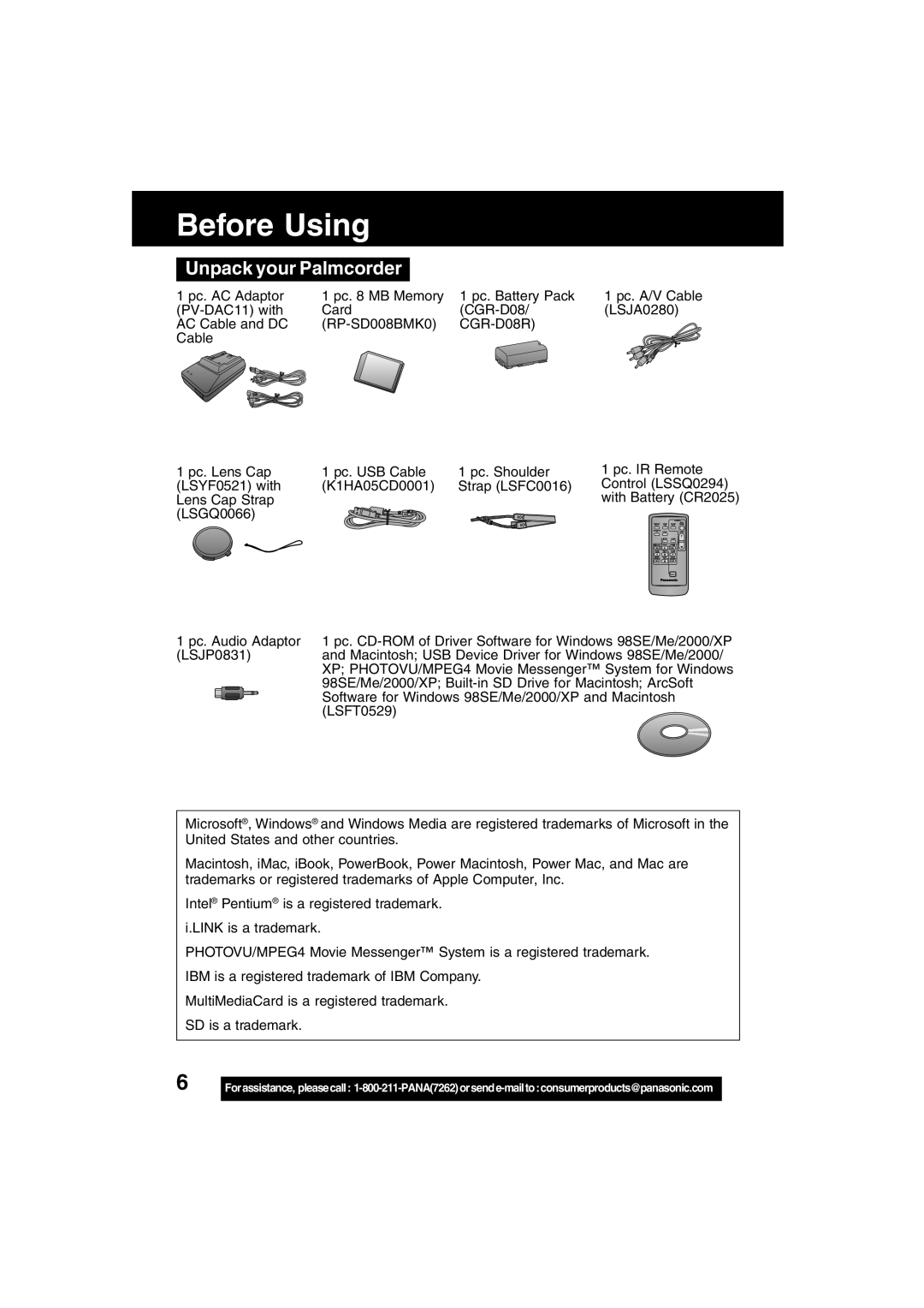 Panasonic PV-DV73 operating instructions Before Using, Unpack your Palmcorder, CGR-D08R 