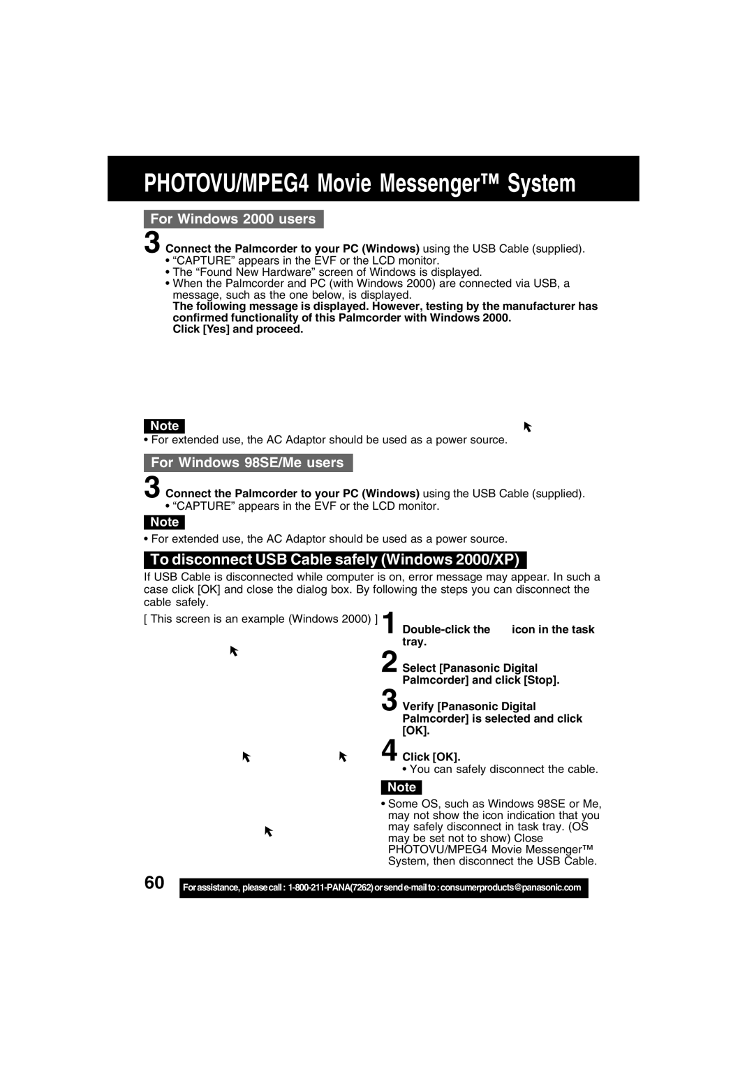 Panasonic PV-DV73 PHOTOVU/MPEG4 Movie Messenger System, To disconnect USB Cable safely Windows 2000/XP 