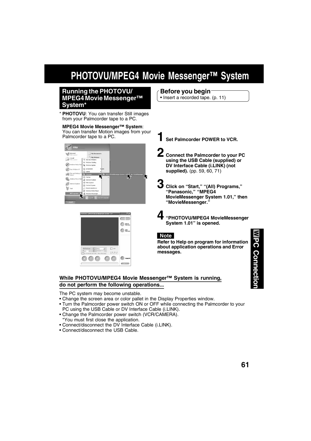 Panasonic PV-DV73 operating instructions Running the Photovu MPEG4 Movie Messenger System, PC Connection 