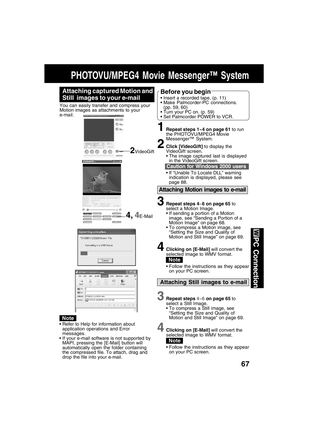 Panasonic PV-DV73 Attaching captured Motion and Still images to your e-mail, Repeat steps 4~6 on page 65 to 