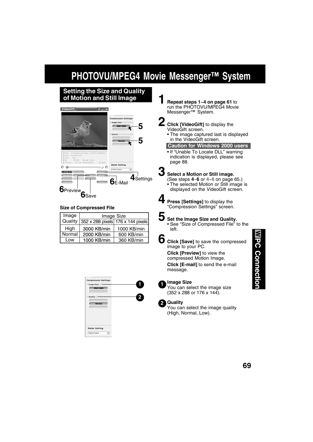 Panasonic PV-DV73 operating instructions Setting the Size and Quality Motion and Still Image 