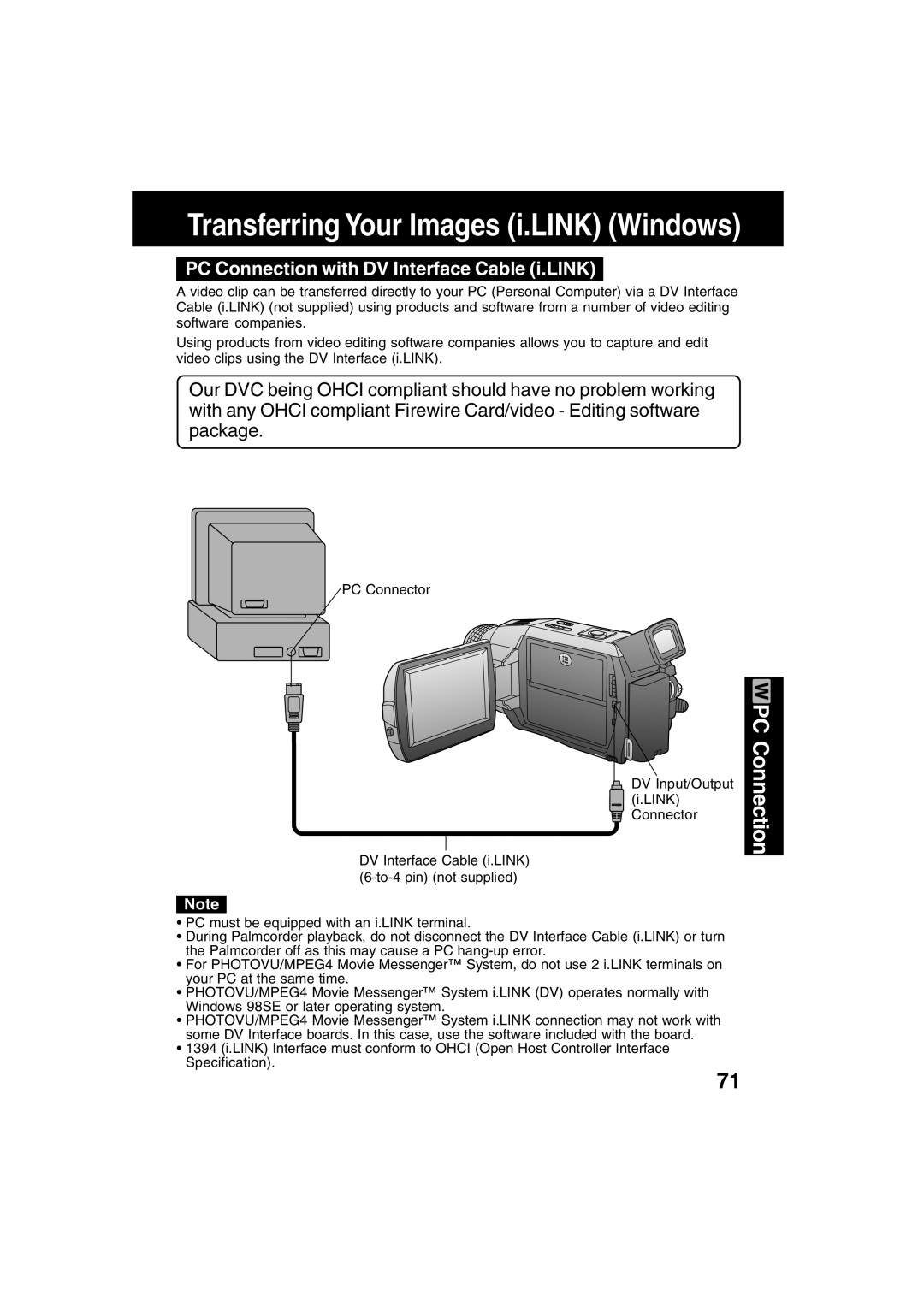 Panasonic PV-DV73 Transferring Your Images i.LINK Windows, PC Connection with DV Interface Cable i.LINK 