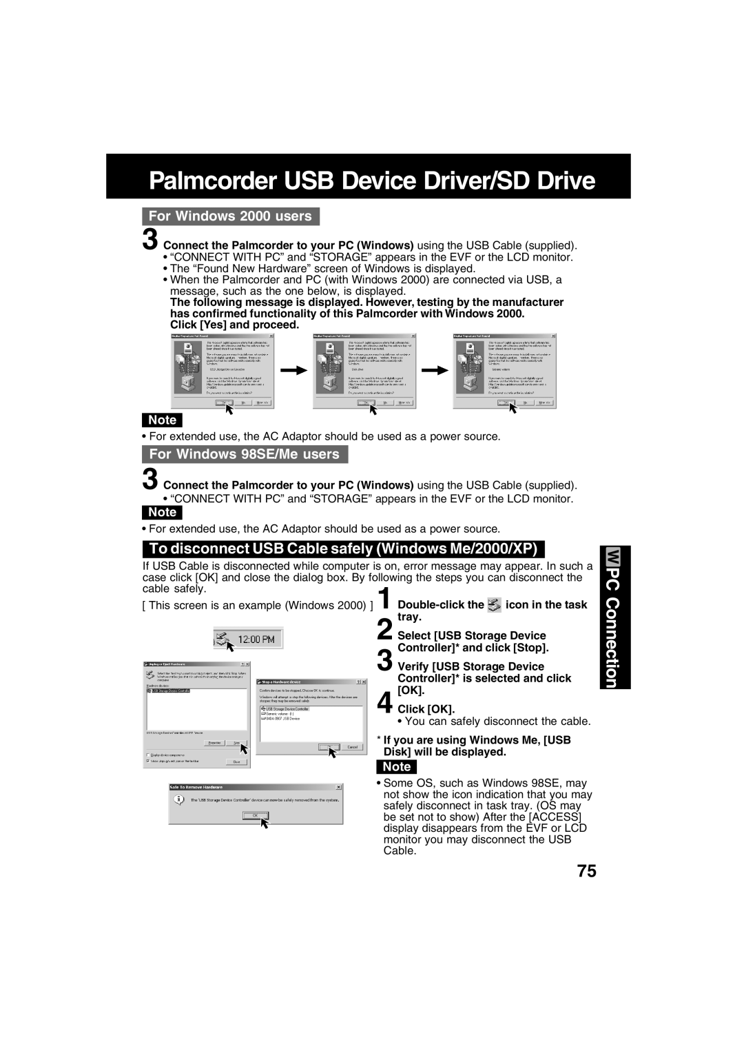 Panasonic PV-DV73 operating instructions To disconnect USB Cable safely Windows Me/2000/XP 