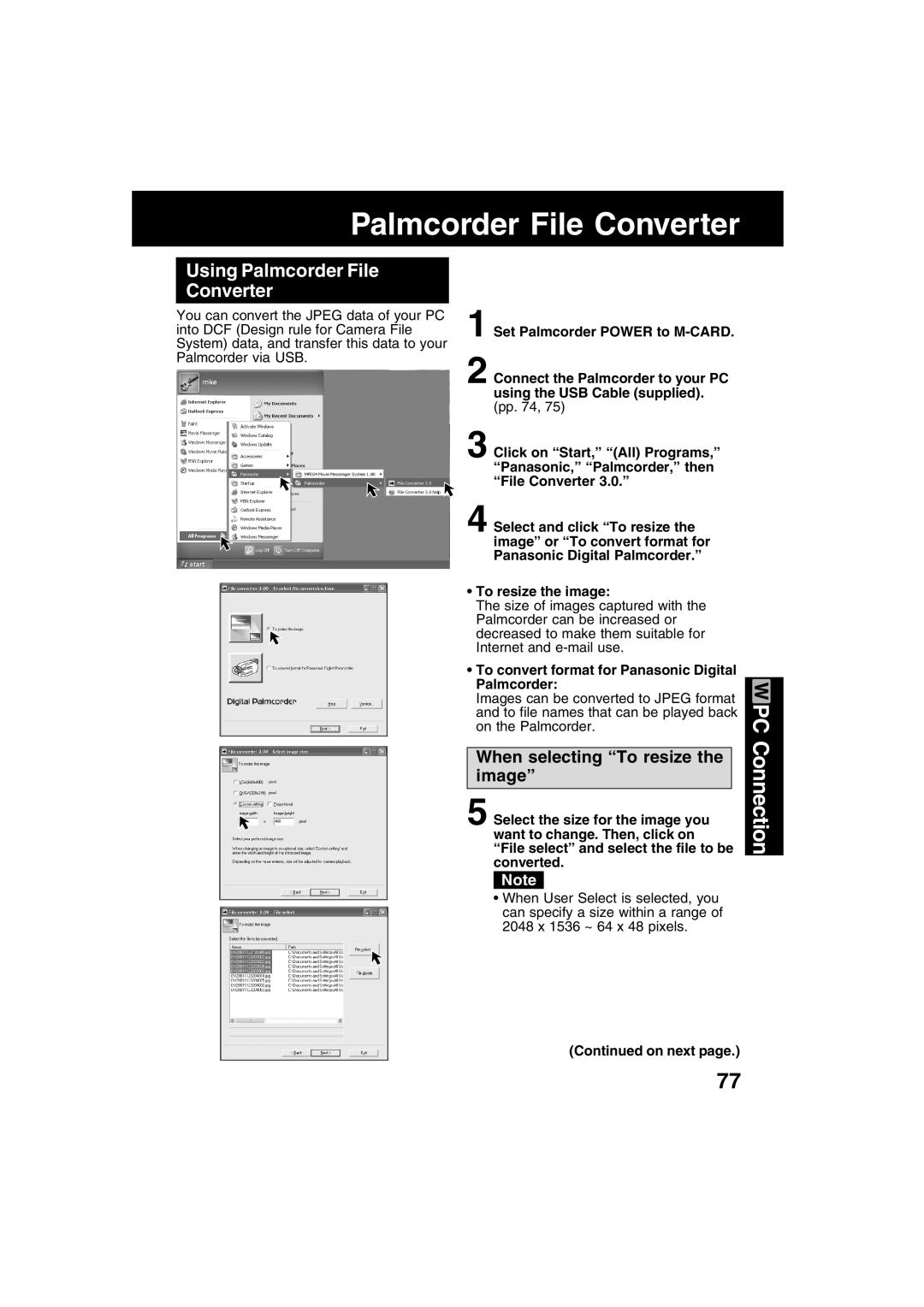 Panasonic PV-DV73 Using Palmcorder File Converter, To convert format for Panasonic Digital Palmcorder 