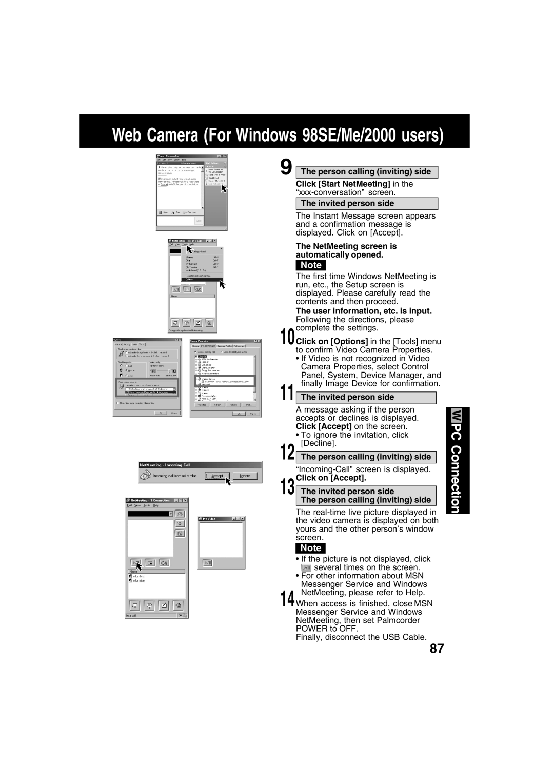 Panasonic PV-DV73 NetMeeting screen is automatically opened, User information, etc. is input, Click Accept on the screen 